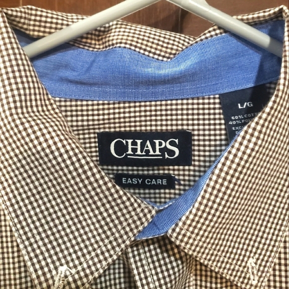 Chaps‎ Shirt Men's Large Button-Down Brown Plaid Pocket Collared Long Sleeve - Picture 4 of 4